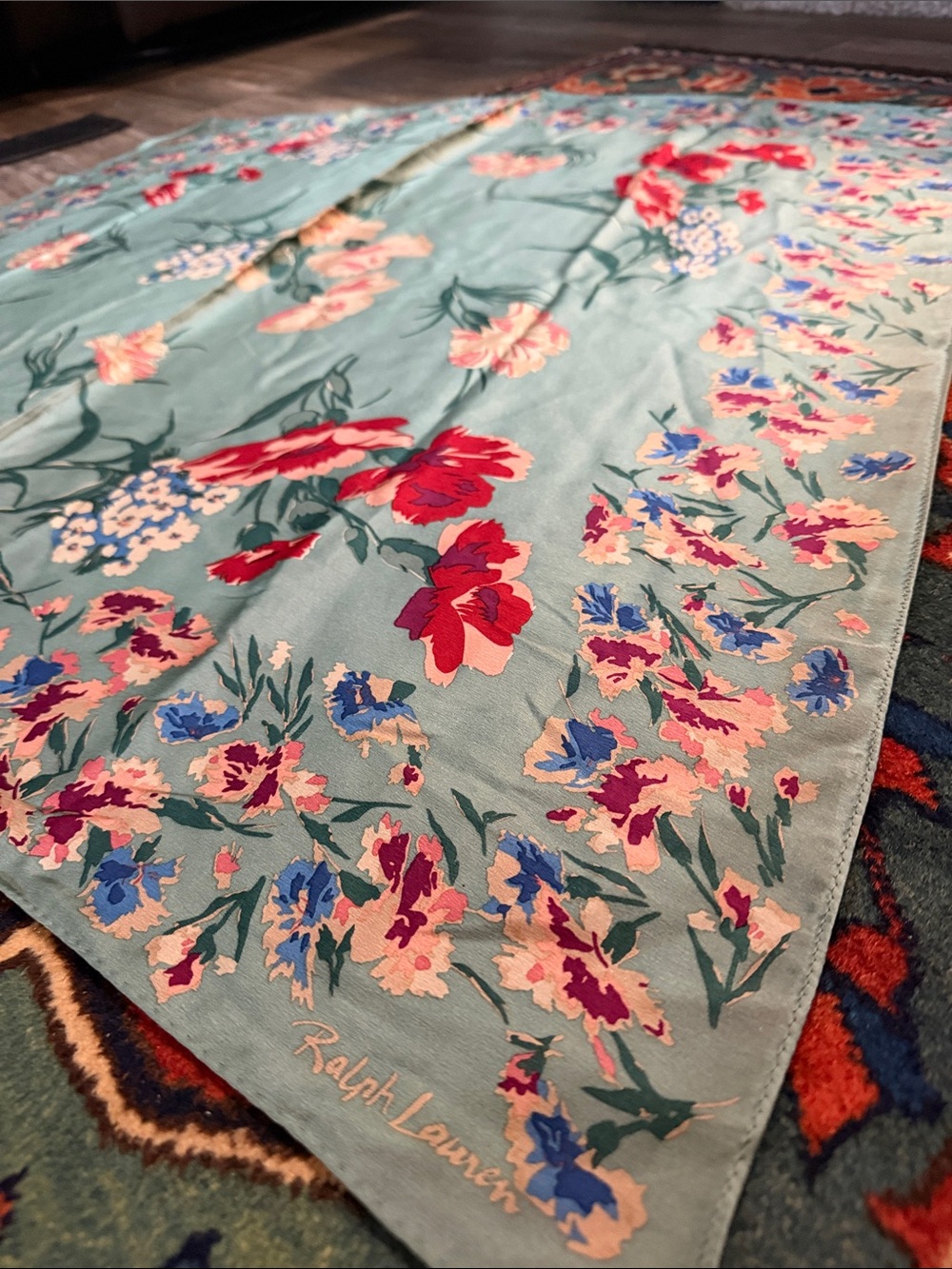 Vintage Ralph Lauren Green, Red Multi Colored Floral Design Silk Square Scarf - Picture 3 of 7